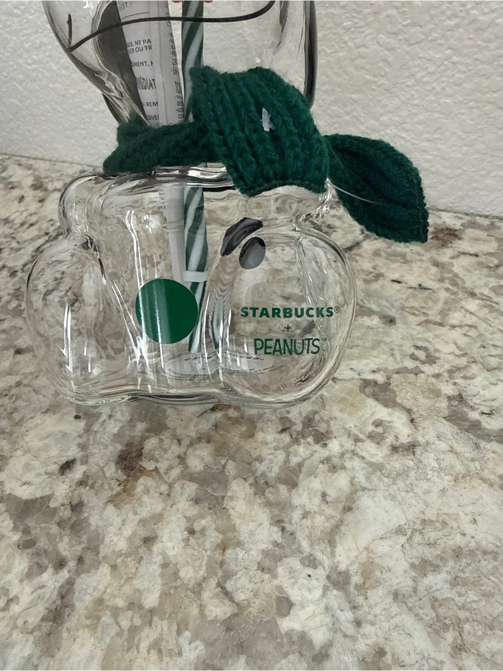 Starbucks Glass Snoopy Vase with Orange Hat and Green Scarf